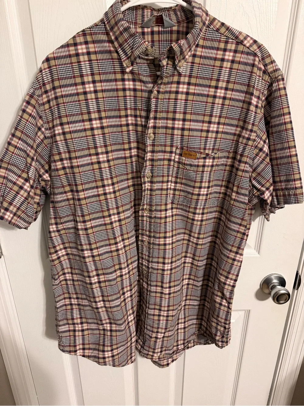 Carhartt Short-Sleeve Plaid Button-Down Shirt in Beige, Burgundy and Navy